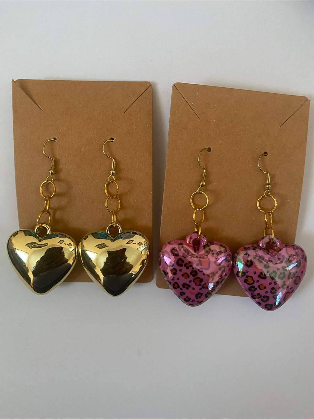 Hand Crafted Gold and Pink Leopard Heart Drop Earrings - Women Jewelry